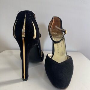 Charles Jourdan vintage black suede ankle strap heels with gold piping size 8